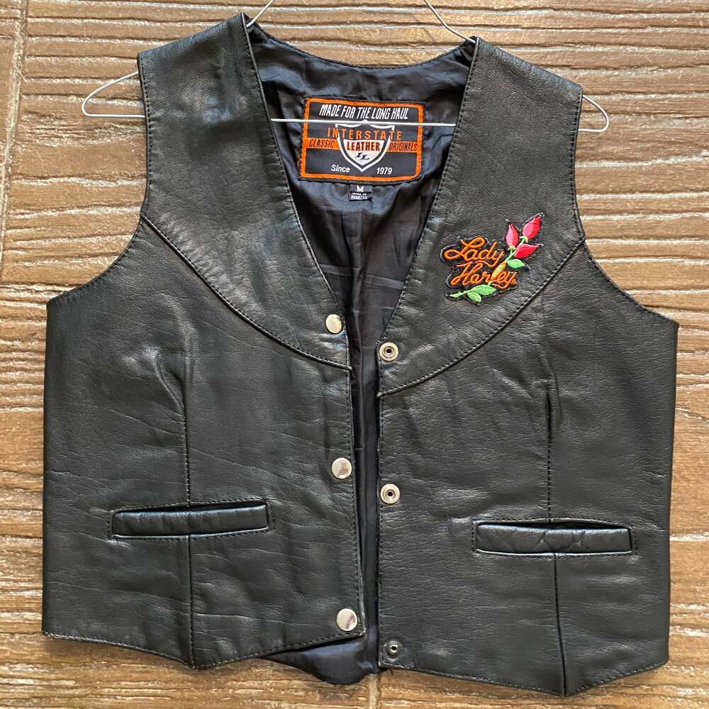 Black "Interstate Leather" brand Women's leather vest w/"Lady Harley" patch